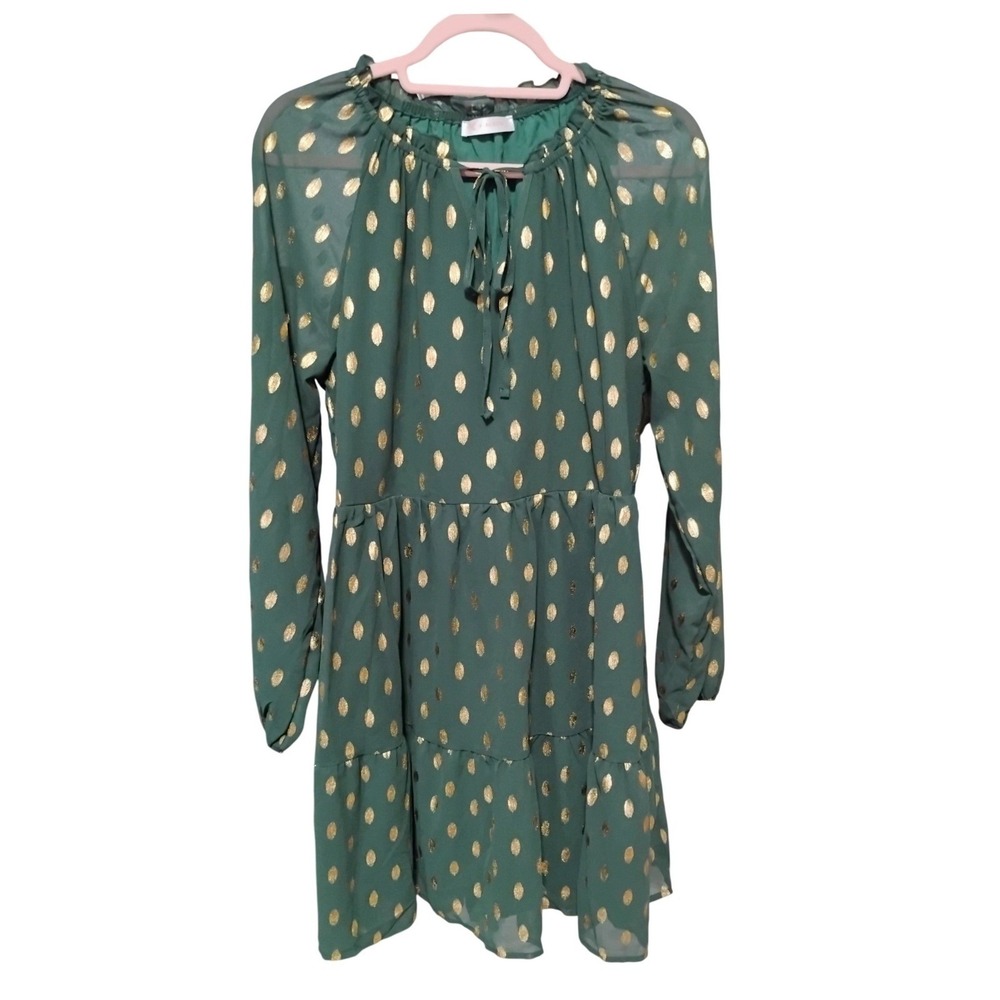 Kirundo Green Gold Foil Dot Tiered‎ Boho Dress Medium NWOT Long Sleeve